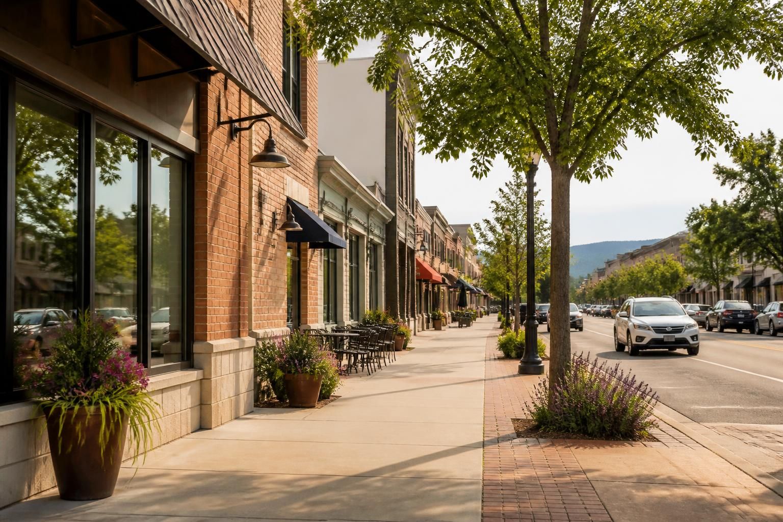 Arvada commercial street with clean architecture and warm light.