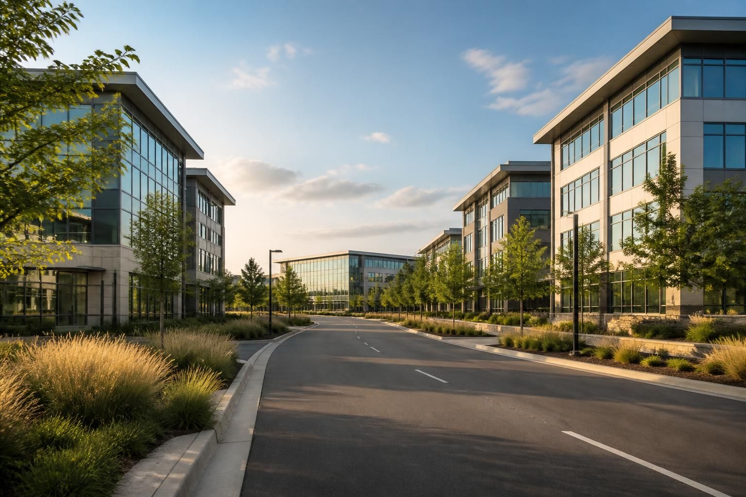 Aurora business district with modern office parks in soft light.