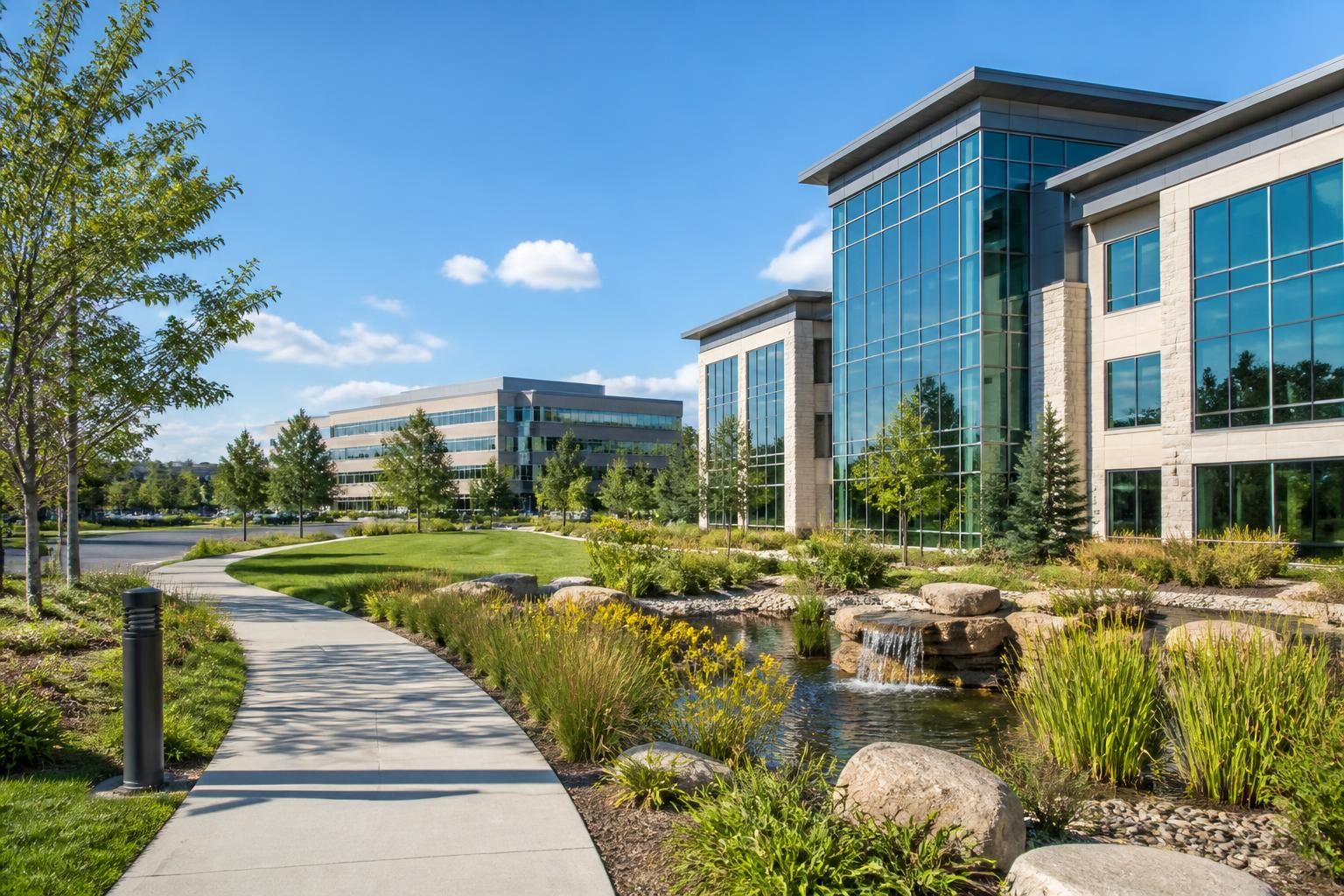 Centennial business park with modern buildings and landscaping.