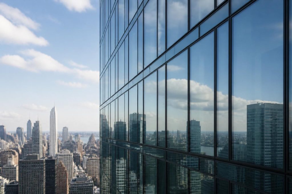Clean high-rise windows reflecting a city skyline in soft daylight.