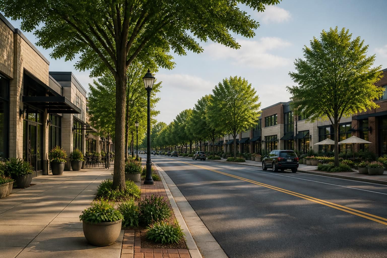 Lakewood commercial corridor with trees and modern buildings.