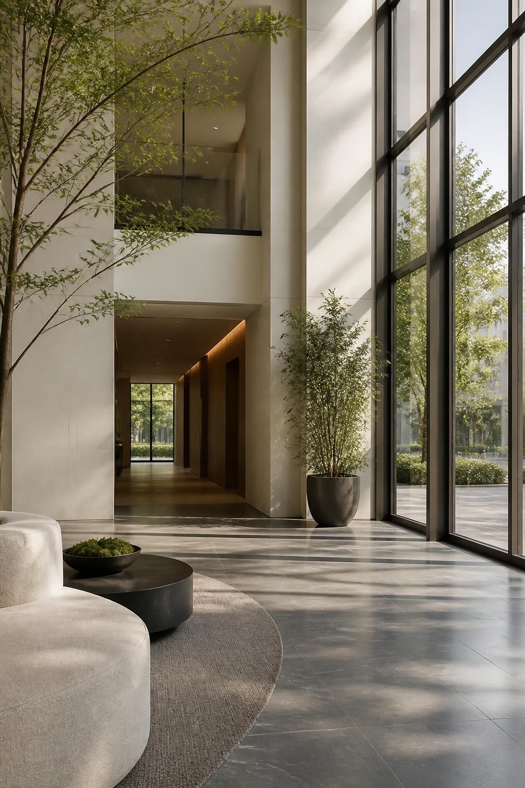 Bright modern lobby with floor-to-ceiling windows and clean daylight.