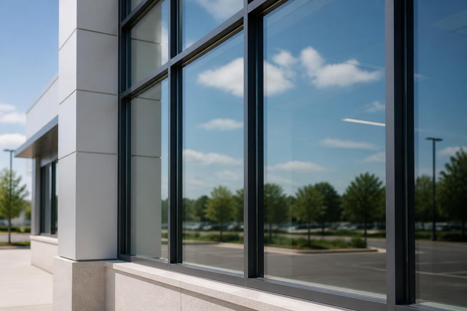 New construction building windows cleaned to a clear finish.
