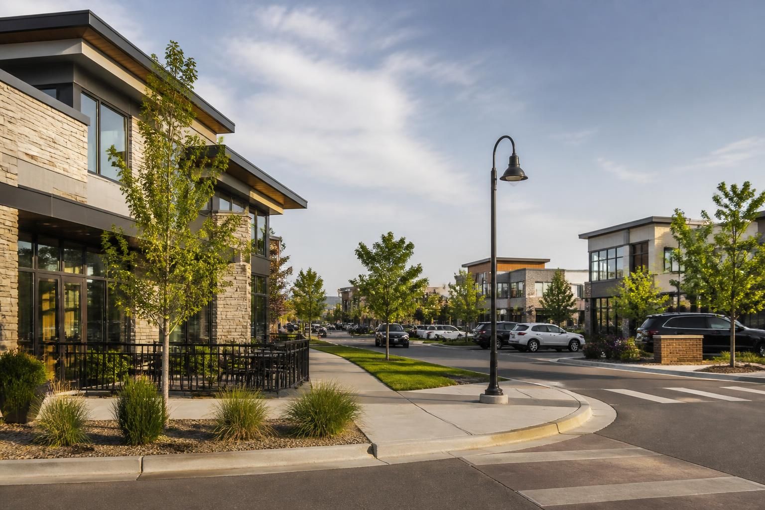 Thornton commercial neighborhood with contemporary buildings.