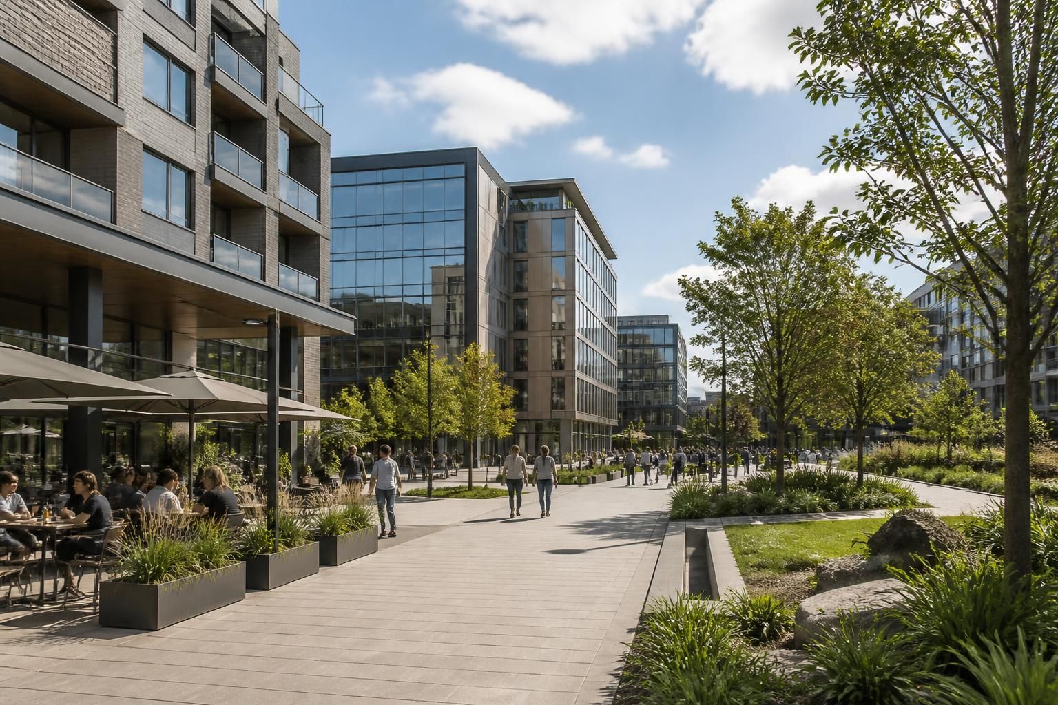 Westminster mixed-use area with contemporary buildings and open sky.